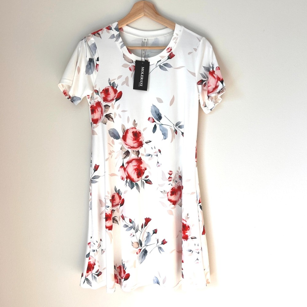White Red Floral Print Short Sleeve A-Line Feminine Spring Dress Women Size S